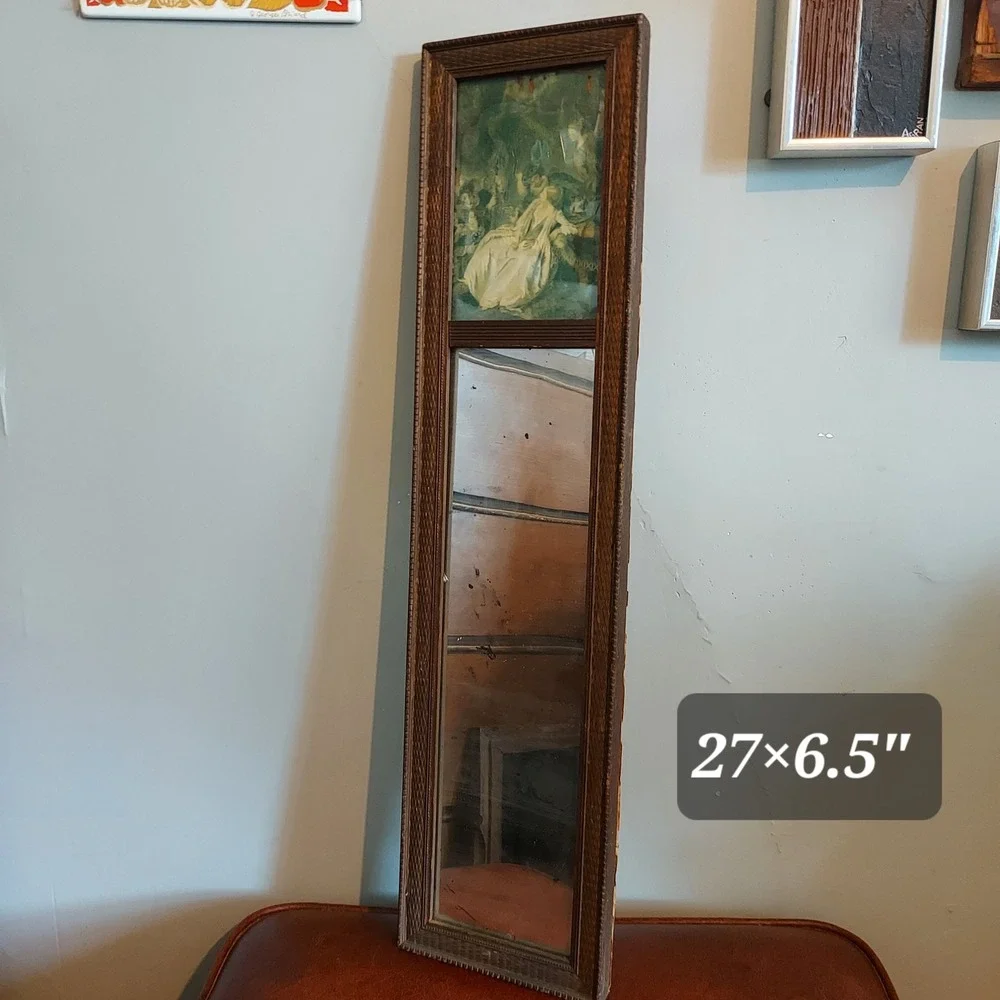 Antique Trumeau Wall Mirror Carved Wood Frame Romantic Scene Print 27x6.5in